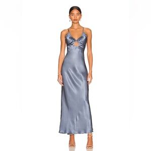 Shona Joy La Lune Ruched Bodice Midi Dress Blue Smoke Satin gown slip Revolve 4